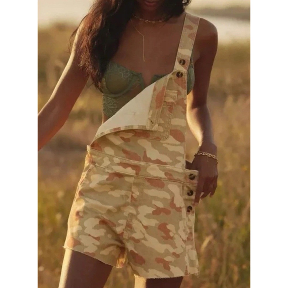 NWT Anthropologie Pilcro Size SMALL Camo Shortalls Overall Romper Green Motif